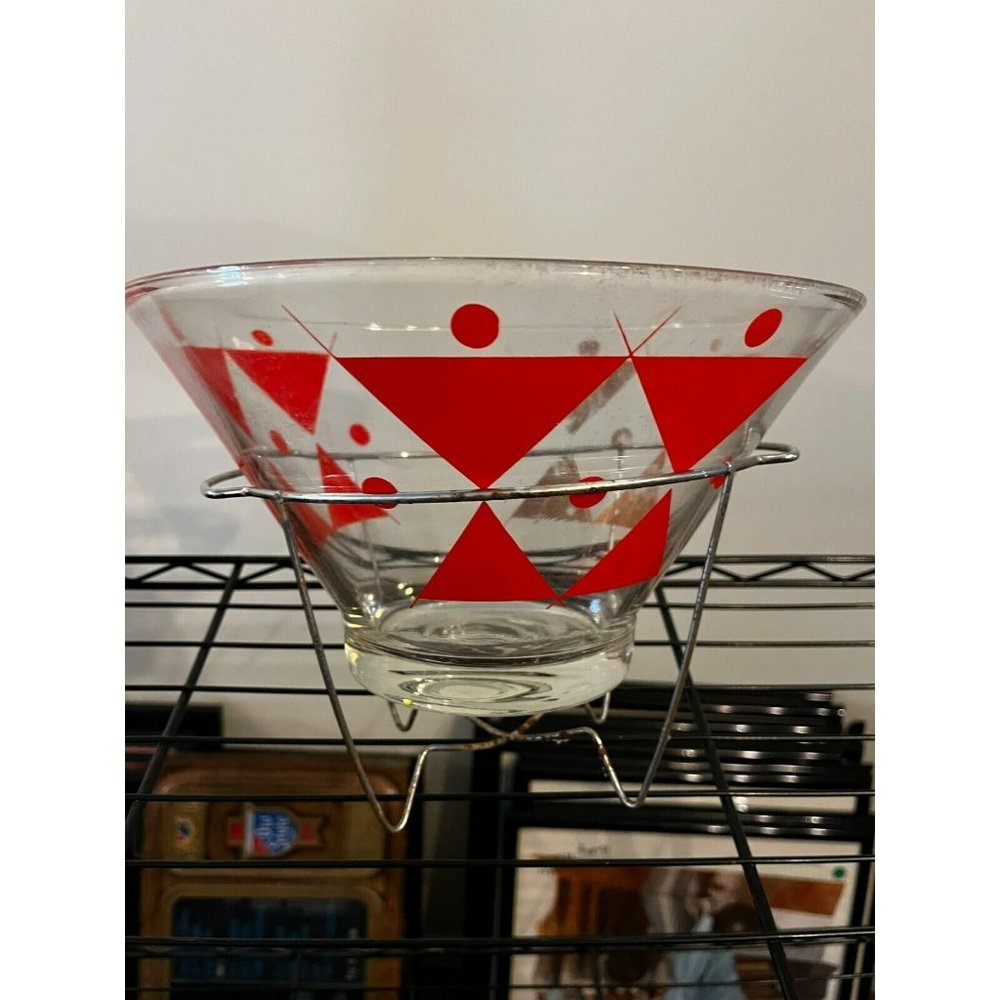 Vintage 1950‘s Gay Fad ‘Moon’ Pattern Salad Bowl Atomic Red Gold MCM W Base